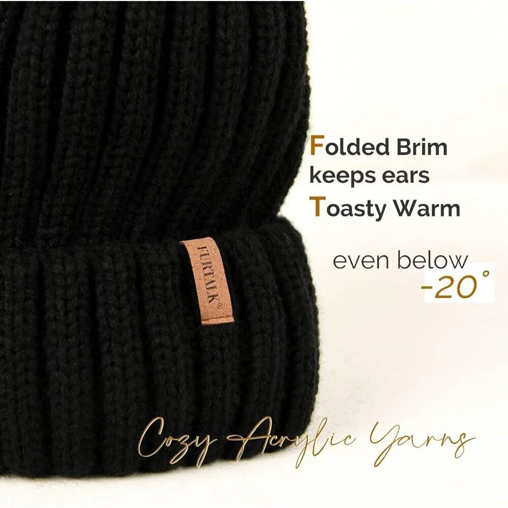Womens Winter Knit Beanie Hat with Faux Fur Pom Warm Stretchy Skull Cap - Picture 6 of 8